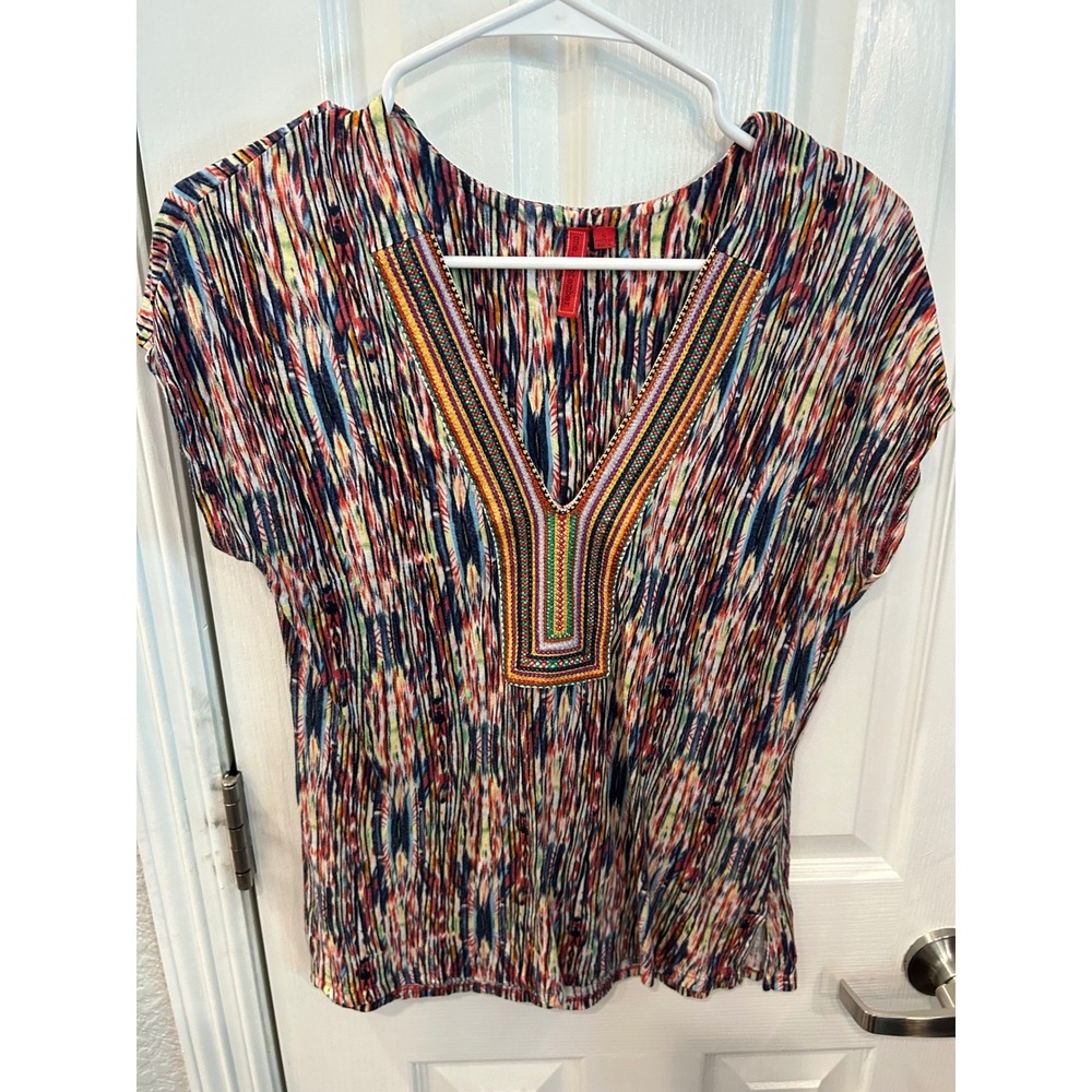 One September Anthropologie Top Multicolor Ikat Embroidered V-Neck Boho Blouse